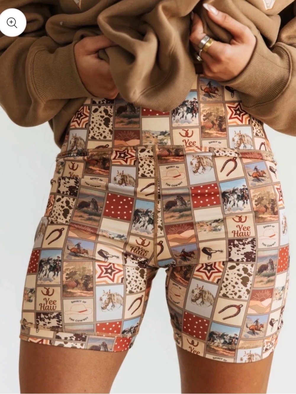 Western Patchwork Print Biker Shorts - Tan Multi varsity rodeo new